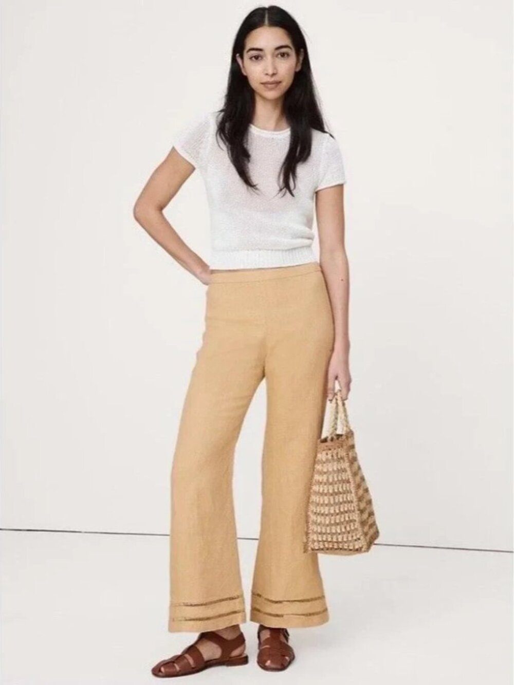 Banana Republic Mid Rise Kick Flare Lace Trim 100% Linen Ankle Pant Khaki Size 8